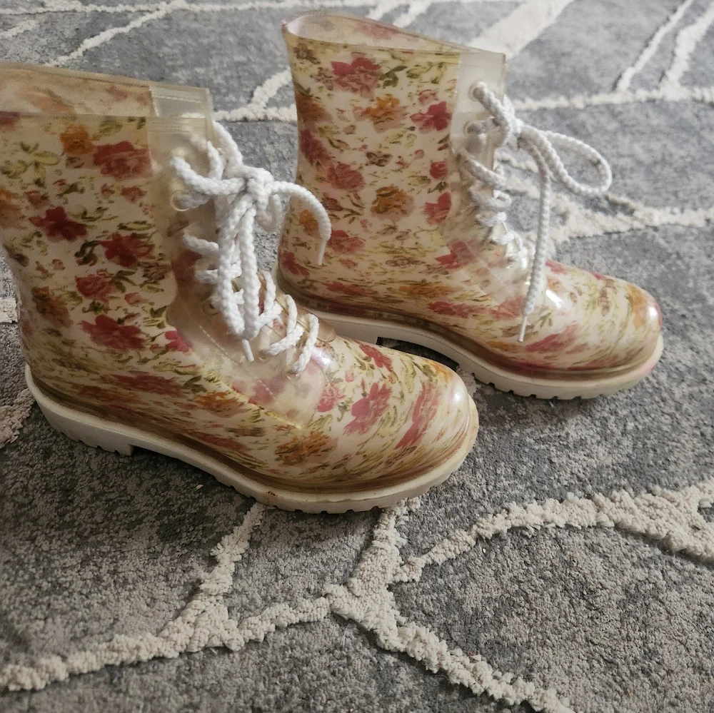 Dirty Laundry Floral Clear Rain Boots - Pink, Cream, Green